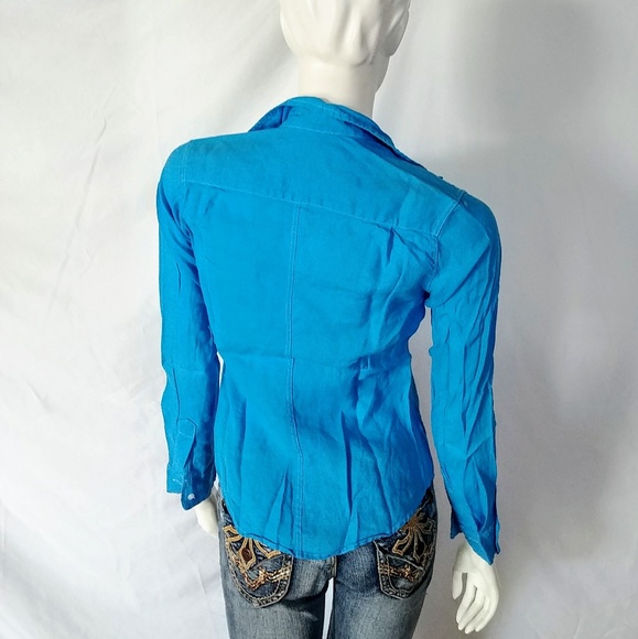 NWOT Frank & Eileen Barry Turquoise Linen Shirt - Picture 4 of 8